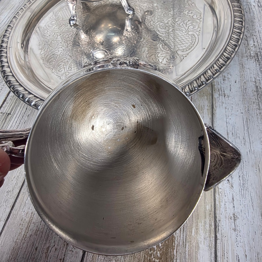 Leonard Silver Plated Tea Set 3pc Ornate Teapot Creamer and Etched Serving Tray - Picture 10 of 16